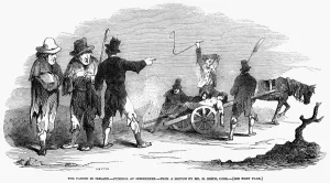 IRISH POTATO FAMINE, 1847. Funeral at Skibbereen. Line engraving, 1847 IRISH POTATO FAMINE, 1847. Funeral at Skibbereen. Line engraving, 1847