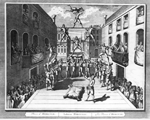 ITALY: ACROBATS, c1722. Foreces of Hercules. Strong men performing at acrobatic routine ITALY: ACROBATS, c1722. Foreces of Hercules. Strong men performing at acrobatic routine