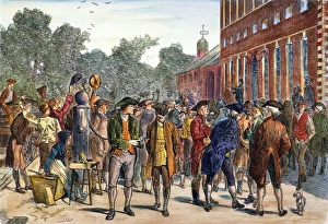 John Nixon giving the first public reading of the Declaration of Independence from the steps of Independence Hall in Philadelphia, Pennsylvania, on 8 July 1776. Color engraving after Edwin Austin Abbey John Nixon giving the first public reading of the Declaration of Independence from the steps of Independence Hall in Philadelphia, Pennsylvania, on 8 July 1776. Color engraving after Edwin Austin Abbey