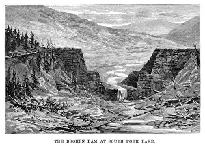 JOHNSTOWN FLOOD, 1889. The broken dam at South Fork Lake. Engraving, 1889 JOHNSTOWN FLOOD, 1889. The broken dam at South Fork Lake. Engraving, 1889