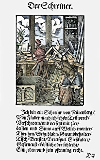 JOINER, 1568. A joiner, maker of fine furniture, in his workshop at Nuremberg. Woodcut JOINER, 1568. A joiner, maker of fine furniture, in his workshop at Nuremberg. Woodcut