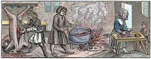 KITCHEN, 1518. Interior of a kitchen in the 16th century. Woodcut, German, 1518 KITCHEN, 1518. Interior of a kitchen in the 16th century. Woodcut, German, 1518