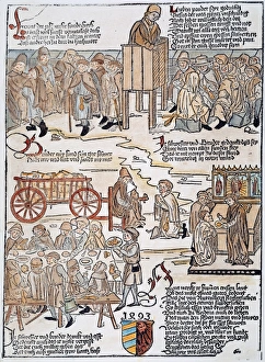 Lepers Banquet at Nuremberg. A German popular woodcut, 1493, reflecting the conditions of lepers, who were allowed to enter the city only on certain holidays, when they attended Mass, said Confession, took Communion, and feasted before returning to everyday isolation Lepers Banquet at Nuremberg. A German popular woodcut, 1493, reflecting the conditions of lepers, who were allowed to enter the city only on certain holidays, when they attended Mass, said Confession, took Communion, and feasted before returning to everyday isolation