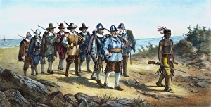MARCH OF MILES STANDISH. The March of Miles Standish, led by Squanto: lithograph, 1873 MARCH OF MILES STANDISH. The March of Miles Standish, led by Squanto: lithograph, 1873