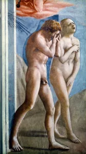 MASACCIO: EXPULSION. Fresco from Brancacci Chapel, c1425, by Masaccio (1401-1428) MASACCIO: EXPULSION. Fresco from Brancacci Chapel, c1425, by Masaccio (1401-1428)
