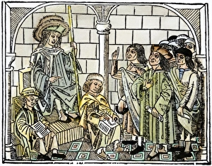 MASTER AND PUPILS. Woodcut from Juan Infantes Forma Libellandi, published at Seville MASTER AND PUPILS. Woodcut from Juan Infantes Forma Libellandi, published at Seville
