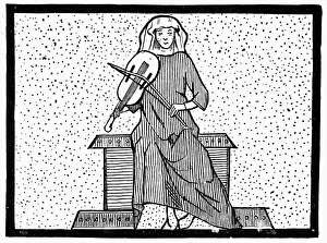 MEDIEVAL VIELLE PLAYER. Woman playing a vielle. Line engraving after a Latin manuscript MEDIEVAL VIELLE PLAYER. Woman playing a vielle. Line engraving after a Latin manuscript