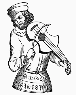 MINSTREL, 15th CENTURY. A minstrel playing a vielle. Line engraving after a 15th century MINSTREL, 15th CENTURY. A minstrel playing a vielle. Line engraving after a 15th century