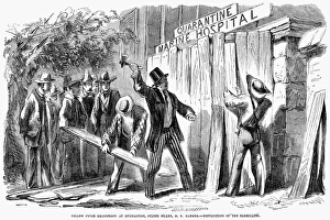 A mob of sailors breaking down the barricade before the Quarantine Hospital on Staten Island, New York, that had been built by fearful, local residents during the yellow fever epidemic of 1856. Line engraving from a contemporary American newspaper A mob of sailors breaking down the barricade before the Quarantine Hospital on Staten Island, New York, that had been built by fearful, local residents during the yellow fever epidemic of 1856. Line engraving from a contemporary American newspaper