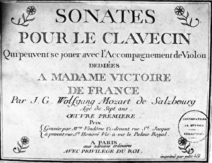 MOZART: SONATAS. Frontispiece for a collection of sonatas for harpsichord by Wolfgang MOZART: SONATAS. Frontispiece for a collection of sonatas for harpsichord by Wolfgang