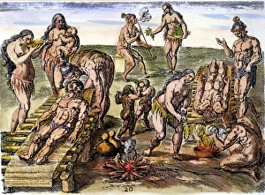 Native Americans of Florida tending their sick by trepanning (at left), to remove diseased blood, and fumigation (at right), to remove toxins from diseases contracted from Europeans, including syphilis and smallpox. Copper engraving, 1591, by Theodor de Bry from his Historia Americae, after Jacques Le Moyne de Morgues Native Americans of Florida tending their sick by trepanning (at left), to remove diseased blood, and fumigation (at right), to remove toxins from diseases contracted from Europeans, including syphilis and smallpox. Copper engraving, 1591, by Theodor de Bry from his Historia Americae, after Jacques Le Moyne de Morgues