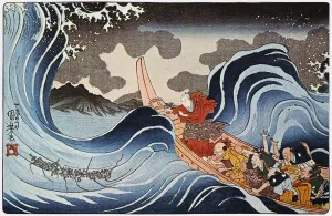 Nichiren Calming the Storm. Japanese Oban color print, 1835, by Utagawa Kuniyoshi Nichiren Calming the Storm. Japanese Oban color print, 1835, by Utagawa Kuniyoshi