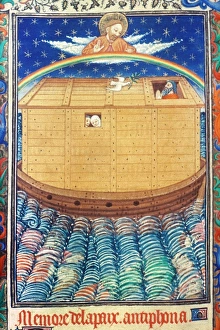 NOAH'S ARK WITH RAINBOW. Norman French ms. illumination, c1440-50 NOAH'S ARK WITH RAINBOW. Norman French ms. illumination, c1440-50