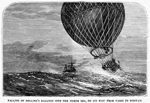 Paul Rolier's mail carrying balloon falling into the North Sea, on its way from Paris to Norway during the Franco-Prussian War, 1870. American newspaper engraving Paul Rolier's mail carrying balloon falling into the North Sea, on its way from Paris to Norway during the Franco-Prussian War, 1870. American newspaper engraving