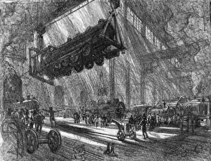 PENNELL: LOCOMOTIVE, c1917. The Flying Locomotive'. A locomotive suspended over a factory floor PENNELL: LOCOMOTIVE, c1917. The Flying Locomotive'. A locomotive suspended over a factory floor