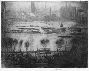 PENNELL: THAMES, 1909. Dark day on the embankment. A view of the River Thames in London PENNELL: THAMES, 1909. Dark day on the embankment. A view of the River Thames in London
