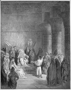 PHARAOH'S DREAM. Joseph interpreting Pharoahs Dreams of the seven lean kine and the seven fat cows and seven lean cows, interpreted by Joseph as portenting seven years of abundance, then famine (Genesis xli, 25). Wood engraving after Gustave Dore PHARAOH'S DREAM. Joseph interpreting Pharoahs Dreams of the seven lean kine and the seven fat cows and seven lean cows, interpreted by Joseph as portenting seven years of abundance, then famine (Genesis xli, 25). Wood engraving after Gustave Dore