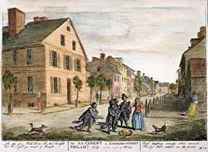 PHILADELPHIA, 1787. The Accident in Lombard-Street, Philadelphia (Returning home from a bake-house, a housewife had dropped her pie to the amusement of passing chimneysweeps): etching and engraving by Charles Willson Peale, 1787 PHILADELPHIA, 1787. The Accident in Lombard-Street, Philadelphia (Returning home from a bake-house, a housewife had dropped her pie to the amusement of passing chimneysweeps): etching and engraving by Charles Willson Peale, 1787