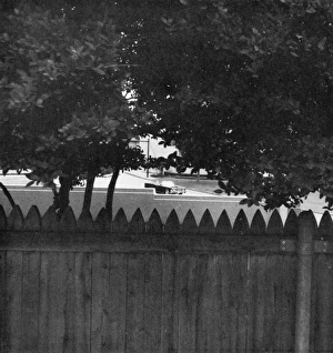 Photograph of what would have been a gunman's view of the John F. Kennedy's car if he had been hidden behind the fence on the grassy knoll at the time of Kennedy's assassination in Dallas, Texas, 22 November 1963. Photograph by Stephen White, 1968 Photograph of what would have been a gunman's view of the John F. Kennedy's car if he had been hidden behind the fence on the grassy knoll at the time of Kennedy's assassination in Dallas, Texas, 22 November 1963. Photograph by Stephen White, 1968