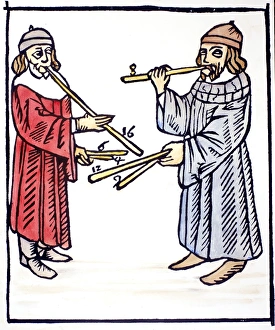 PIPERS, 1492. Woodcut from Theorica Musicae by Franchinus Gaffurius. Milan, 1492 PIPERS, 1492. Woodcut from Theorica Musicae by Franchinus Gaffurius. Milan, 1492