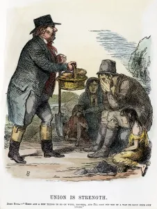 POTATO FAMINE, 1846. Union Is Strength. an English cartoon of 1846 showing John Bull POTATO FAMINE, 1846. Union Is Strength. an English cartoon of 1846 showing John Bull