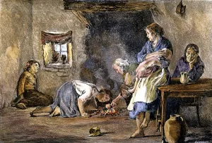POTATO FAMINE. Interior of a peasants hut during the Great Potato Famine of 1846-47 in POTATO FAMINE. Interior of a peasants hut during the Great Potato Famine of 1846-47 in