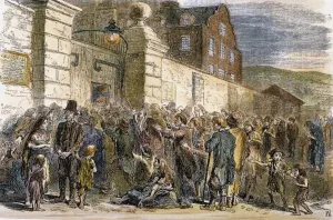 POTATO FAMINE. Starving peasants beseiging a workhouse gate in Ireland in the aftermath POTATO FAMINE. Starving peasants beseiging a workhouse gate in Ireland in the aftermath