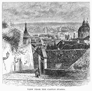 PRAGUE: CASTLE STAIRS. View of Prague from the castle stairs. Line engraving, 19th century PRAGUE: CASTLE STAIRS. View of Prague from the castle stairs. Line engraving, 19th century