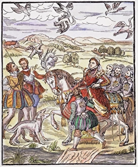 QUEEN ELIZABETH I of England hawking: woodcut from George Trubervilles Booke of Faulconrie QUEEN ELIZABETH I of England hawking: woodcut from George Trubervilles Booke of Faulconrie
