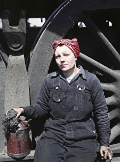 RAILROAD WORKER, 1943. Mrs. Marcella Hart, a wiper in the roundhouse of the Chicago RAILROAD WORKER, 1943. Mrs. Marcella Hart, a wiper in the roundhouse of the Chicago