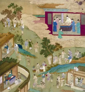 Shen Tsung, Northern Sung emperor of China (1067-1085), looking at a painting (upper right) ordered by one of his ministers that depicted the sufferings of his people during a famine, including the continued payment of tribute to mandarins (lower left). Painted silk scroll by an unidentified artist, probably Sung or Ming Dynasty Shen Tsung, Northern Sung emperor of China (1067-1085), looking at a painting (upper right) ordered by one of his ministers that depicted the sufferings of his people during a famine, including the continued payment of tribute to mandarins (lower left). Painted silk scroll by an unidentified artist, probably Sung or Ming Dynasty