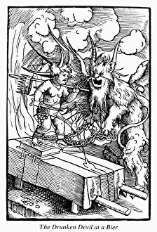 TEMPERANCE, 1534. The drunken devil on a bier. Woodcut from a book against drinking TEMPERANCE, 1534. The drunken devil on a bier. Woodcut from a book against drinking