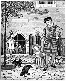 TOWER OF LONDON: RAVENS. Children at the Tower. Illustration by Thomas Crane, 1880s