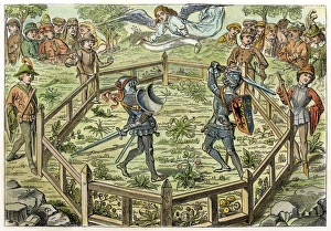 TRIAL BY COMBAT. A medieval trial by combat. Miniature from a 15th century manuscript TRIAL BY COMBAT. A medieval trial by combat. Miniature from a 15th century manuscript