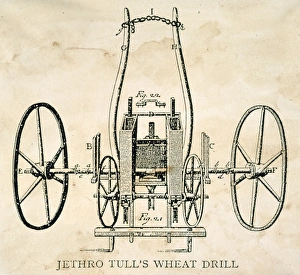 TULL: SEED DRILL, 1701. Wheat seed drill invented, c1701, by Jethro Tull (1674-1741). Line engraving, 18th century TULL: SEED DRILL, 1701. Wheat seed drill invented, c1701, by Jethro Tull (1674-1741). Line engraving, 18th century