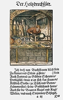TURNER, 1568. A turner, a maker of various wooden items, at work in his workshop TURNER, 1568. A turner, a maker of various wooden items, at work in his workshop