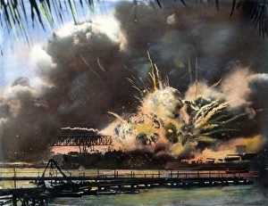 The USS Shaw exploding during the Japanese attack on the U