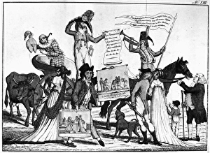 VACCINATION CARTOON, c1800. Traveling Vaccine. Edward Jenners smallpox vaccination seen as a show traveling from fair to fair. Engraved cartoon, French, c1800, which also testifies to the popularity of vaccination VACCINATION CARTOON, c1800. Traveling Vaccine. Edward Jenners smallpox vaccination seen as a show traveling from fair to fair. Engraved cartoon, French, c1800, which also testifies to the popularity of vaccination