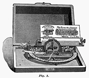 VICTOR TYPEWRITER, 1889. The Victor typewriter, operated by moving a pointer over a type-plate, then pressing the desired character. Wood engraving, American, 1889 VICTOR TYPEWRITER, 1889. The Victor typewriter, operated by moving a pointer over a type-plate, then pressing the desired character. Wood engraving, American, 1889