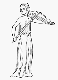 VIELLE PLAYER, 13th CENTURY. A woman playing a vielle. Line engraving after a 13th VIELLE PLAYER, 13th CENTURY. A woman playing a vielle. Line engraving after a 13th