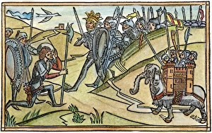 WAR ELEPHANT. I Maccabees vi 30. Woodcut from the Cologne Bible, 1478-80 WAR ELEPHANT. I Maccabees vi 30. Woodcut from the Cologne Bible, 1478-80
