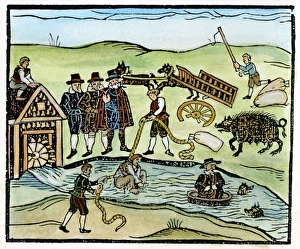 WITCH: DIPPING. A witch is punished by being dipped in the mill-stream: woodcut WITCH: DIPPING. A witch is punished by being dipped in the mill-stream: woodcut