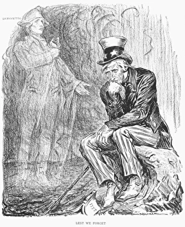 WORLD WAR I: CARTOON, 1914. Lest We Forget. American cartoon, 1914, by William H. Walker, suggesting that America remember its debt to Marquis de Lafayette and France WORLD WAR I: CARTOON, 1914. Lest We Forget. American cartoon, 1914, by William H. Walker, suggesting that America remember its debt to Marquis de Lafayette and France