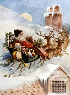 Father Christmas delivering presents on sleigh