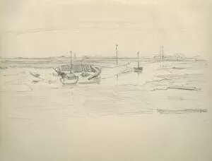 Pencil sketch of landscape with boats
