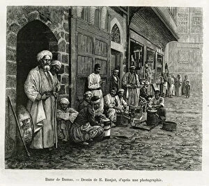 Damascus bazaar. Engraving by E. Ronjat, to illustrate the story La Syria d
